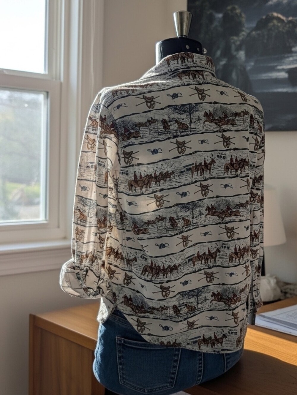 Vintage 90s Liz Claiborne Lizwear Equestrian Print Cotton Button Up Shirt Sz SP